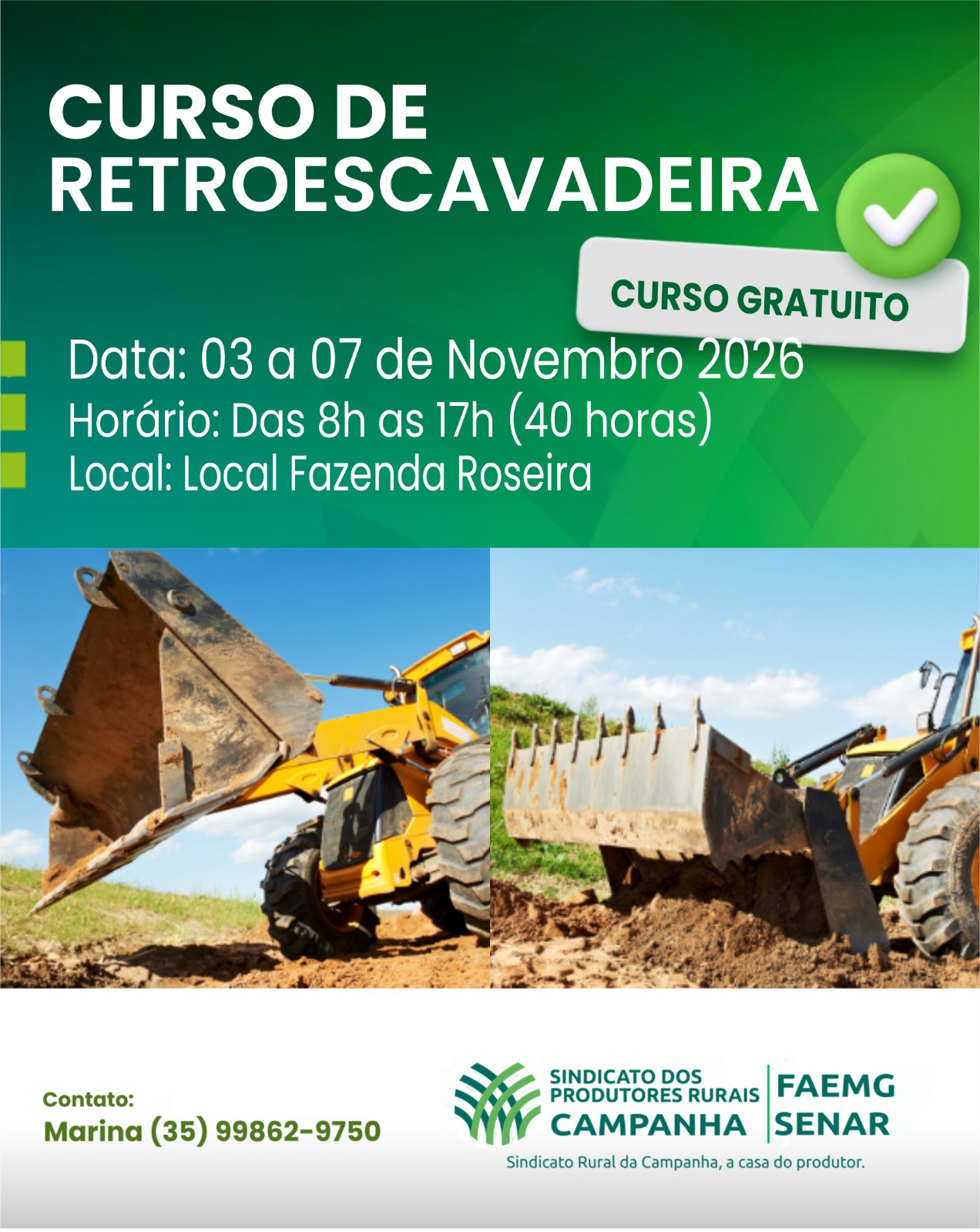 Curso de Retroescavadeira gratuito - 3 a 7 de novembro de 2026, das 8h às 17h, na Fazenda Roseira