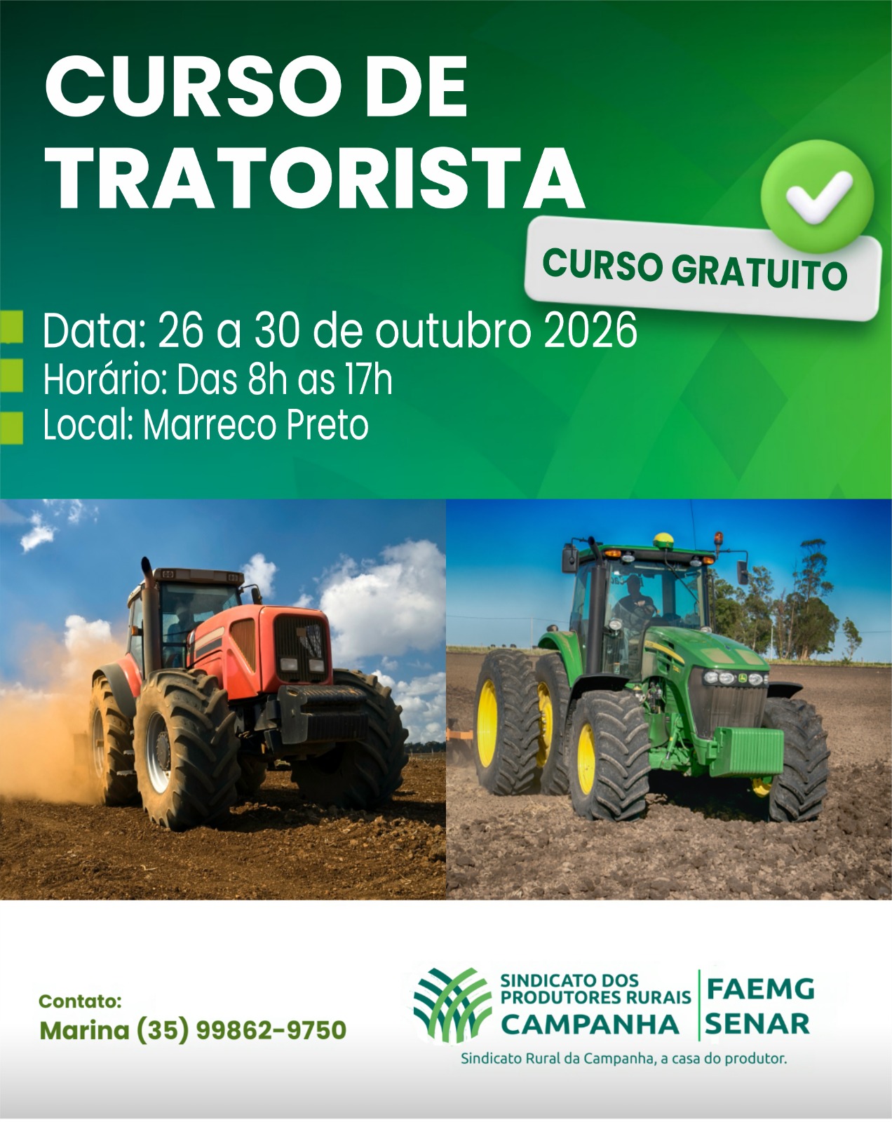 Curso de Tratorista gratuito - 26 a 30 de outubro de 2026, das 8h às 17h, no Marreco Preto