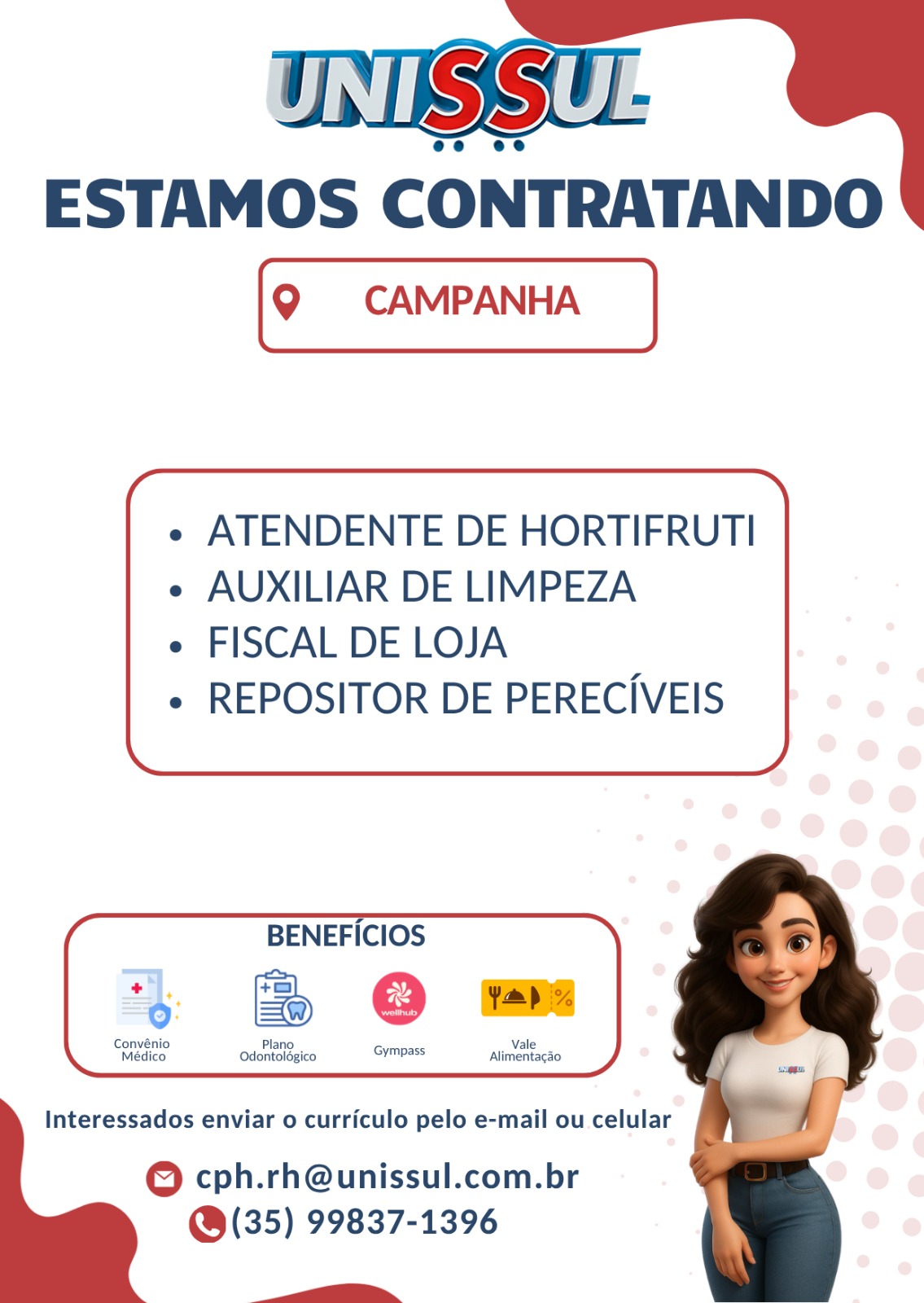 Imagem de divulgação: Auxiliar de Limpeza | UNISSUL SUPERMERCADOS | CONECTA CAMPANHA - Unindo pessoas, empresas e oportunidades!